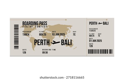 Imagem de um cartão de embarque com detalhes do voo de Perth a Bali para 1º de janeiro de 2025.