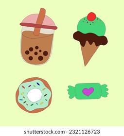 Image of boba drink, ice cream, donut and candy on light green background