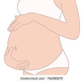 Image of body pregnant woman touching her big belly. Vector simple illustration. Motherhood. Isolated on white background.