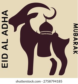 The image is a bold and creative minimalist vector design for Eid al-Adha. It features a warm beige background with a large, striking dark maroon or deep purple silhouette of a goat (ram) as the central focus. The goat stands in profile facing left, showcasing impressive curved horns that elegantly integrate with the overall composition.
Inside the body of the goat, a clever negative space design reveals a detailed black silhouette of a mosque with a prominent dome and minarets. This artistic integration symbolizes the deep connection between the spirit of sacrifice (Qurbani) and Islamic faith during Eid al-Adha.
Vertically aligned on the left side of the image, the text 