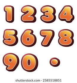 An image of bold, orange gradient numbers from 0 to 9 with a period, each outlined in white and shadowed in dark red, set against a white background.