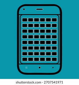 
A imagem é uma ilustração vetorial estilizada e em negrito de um smartphone clássico exibido contra um fundo azul-petróleo sólido vibrante. O telefone é desenhado em contornos pretos grossos com um desenho animado, retro 