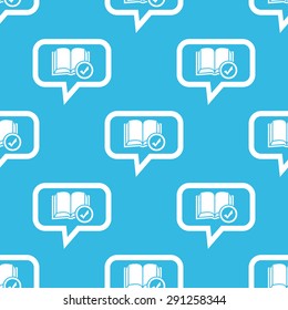 Image of book with tick mark in chat bubble, repeated on blue background
