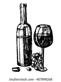 image bottle and glass of red wine, and a bunch of grapes, sketch, lineart, ink, vector illustration
