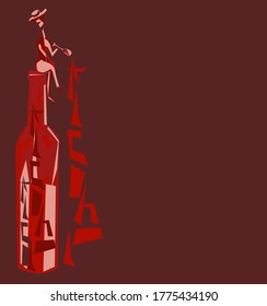 image of a bottle with a lady sitting on the neck with a glass of wine