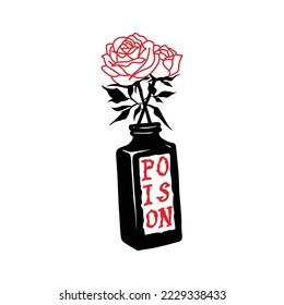image bottle and the red inscription POISON in which there are roses vector illustration isolated white background hand drawn elements decorative inscription modern design for tattoo t shirt