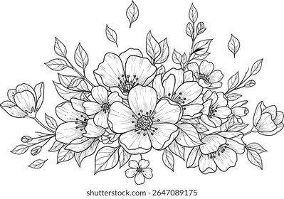 A imagem de um buquê de flores, evocando beleza cativante. Um arranjo complexo de flores floridas e folhas verdes cria um design sofisticado.