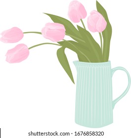 
Image of a bouquet of pink tender tulips in a vintage jug.
stock isolated illustration on white background for printing on postcards, websites, shop advertising in cartoon style