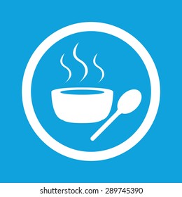 Image of bowl with hot soup in circle, isolated on blue