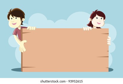 Image of boy and girl behind a blank board