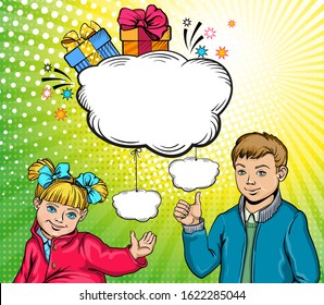 Image of a boy and a girl in the style of pop art, retro, realism. Advertising products for children and families, gifts, promotions, sales, cloud for your text.