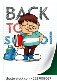 image of boy with glasses holding book for school in front of back to school lettering