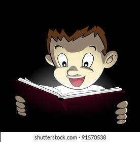 Image of a boy open a shining book and amazed by its bright content