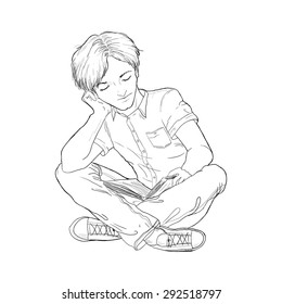 an image of a boy sitting on the floor with his legs crossed and reading a book