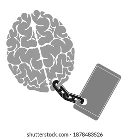 An image of the brain chained to the phone. A person dependence on a gadget or cell phone.