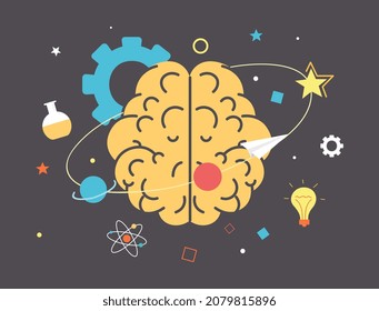 Imagen del cerebro. Metáfora de la actividad mental. Generación de ideas, creatividad, biología, fisiología. Potencial infinito, concepto de hemisferio cerebral, ciencia. Dibujo vectorial plano de dibujos animados