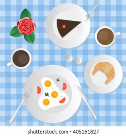 The image of breakfast, coffee, eggs, croissants and cake