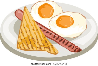 image of breakfast on a light plate consisting of fried eggs, sausages and a slice of bread.
stock isolated illustration on white background for printing on postcards,websites,shop advertising,cartoon