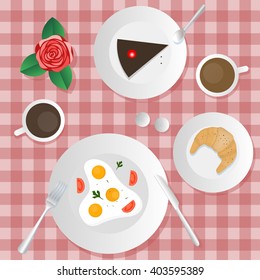 The image of breakfast  scrambled eggs, coffee, ice cream and a cake, red  tablecloth