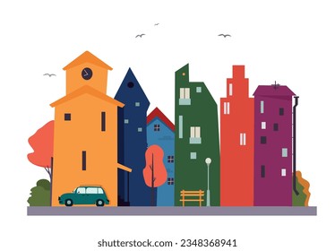 The image of a bright cartoon urban landscape with high-rise buildings. Design for posters. Vector illustration.