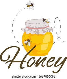 image of bright natural honey in a glass jar around which a bee flies. bees are sitting on a jar of honey.stock isolated illustration on white background for printing on postcards, websites, shop 