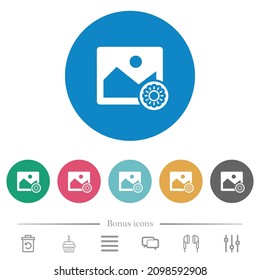 Image brightness flat white icons on round color backgrounds. 6 bonus icons included.