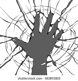 Image of the broken glass in the shape of a hand.Broken white glass.Decorative realistic daylight design vector illustration.