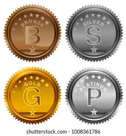 An image of a Bronze Silver Gold Platinum Award Coins icon set isolated on white.