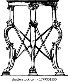 It is an image of Bronze tripod in the Naples Museum, it consist of three wooden legs, and flat surface above it, vintage line drawing or engraving, vintage illustration.