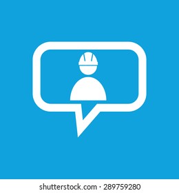 Image of builder in helmet in chat bubble, isolated on blue