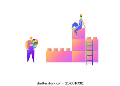 Image of builders in love. Vector graphics.