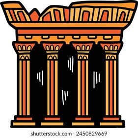 The image is of a building with four pillars, all of which are orange. The building appears to be ancient and has a sense of grandeur and importance
