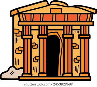 The image is of a building with four pillars, all of which are orange. The building appears to be ancient and has a sense of grandeur and importance