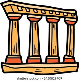 La Imagen es de un edificio de cuatro columnas, todas de color naranja. El edificio parece antiguo y tiene un sentido de grandeza e importancia