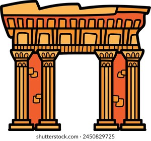 The image is of a building with four pillars, all of which are orange. The building appears to be ancient and has a sense of grandeur and importance