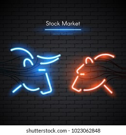 Image Of A Bull And Bear Made Of Neon Lamps On A Background In The Form Of A Dark Brick Wall. Stock Market Logo Or Emblem With Bright Neon Light.