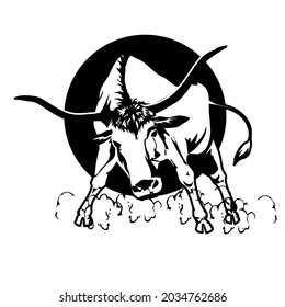 Image of a bull with big horns being angry, dust flying at its feet. This image is commonly used for logos and other printing needs.