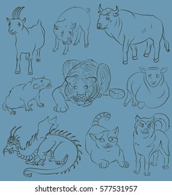 image of a Bull, cat, dog, goat, dragon, pig, rat, sheep, tiger - suitable for a child's coloring, and not only. For your convenience, each significant element is in a separate layer. eps10