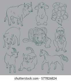  image of a Bull, cat, goat, horse, monkey, pig, rabbit, snake, tiger- suitable for a child's coloring, and not only. For your convenience, each significant element is in a separate layer. eps10