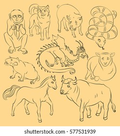  image of bull, Dragon, dog, horse, monkey, pig, rat, sheep, snake - suitable for a child's coloring, and not only. For your convenience, each significant element is in a separate layer. eps10