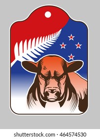 Image of a bull's head on the background of the New Zealand flag on the label for the export of beef