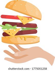 image of a burger with two meat patties, cheese, herbs and mustard, which is held by a man’s hand.stock isolated illustration on white background for printing on postcards, websites, shop advertising 