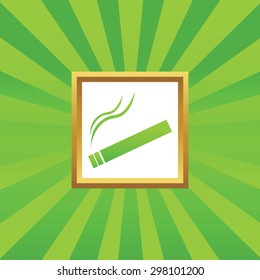 Image of burning cigarette in golden frame, on green abstract background