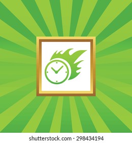 Image of burning clock in golden frame, on green abstract background