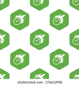 Image of burning clock in hexagon, repeated on white background