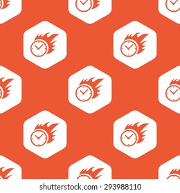 Image of burning clock in white hexagon, repeated on orange background