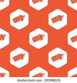 Image of burning envelope in white hexagon, repeated on orange background