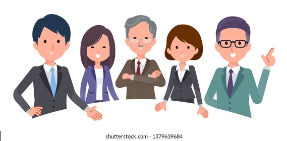 It is an image of a business team with five people in a row.It's vector art so it's easy to edit.