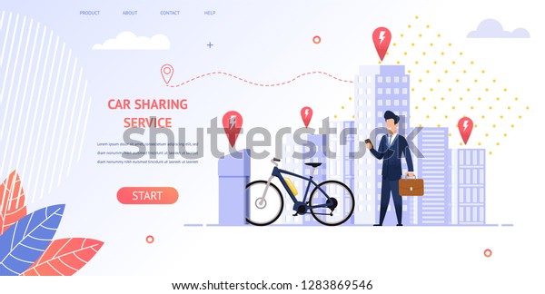 Image Businessman Rent an Electric Bike for Trip.\
Banner Vector Illustration Young Man in Suit Using Mobile\
Application Car Sharing Service. Bike Vehicle Catch Business\
Meeting. Bike Charging\
Station