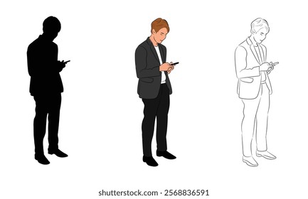 Image of a businessman using a smartphone. He stands in a relaxed pose, using his phone to communicate, check personal messages or surf the internet